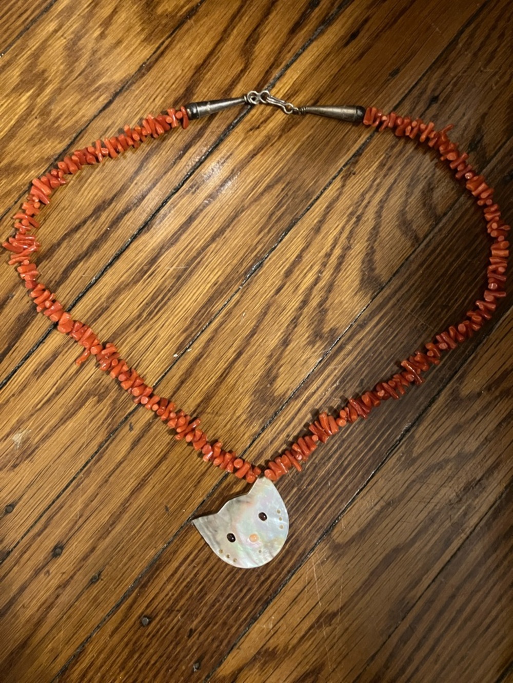 Red Coral Chip Necklace with Mother-of-Pearl Cat Pendant by